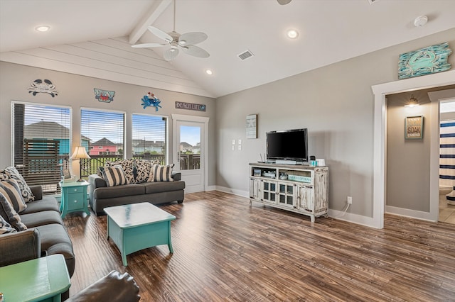 living room featuring beamed ceiling, high vaulted ceiling, wood-type flooring, and ceiling fan