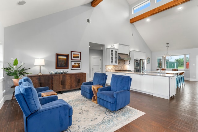 living room featuring beam ceiling, sink, high vaulted ceiling, and dark wood-type flooring