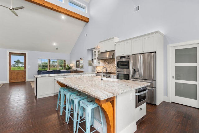 kitchen with appliances with stainless steel finishes, extractor fan, a kitchen island with sink, high vaulted ceiling, and white cabinets