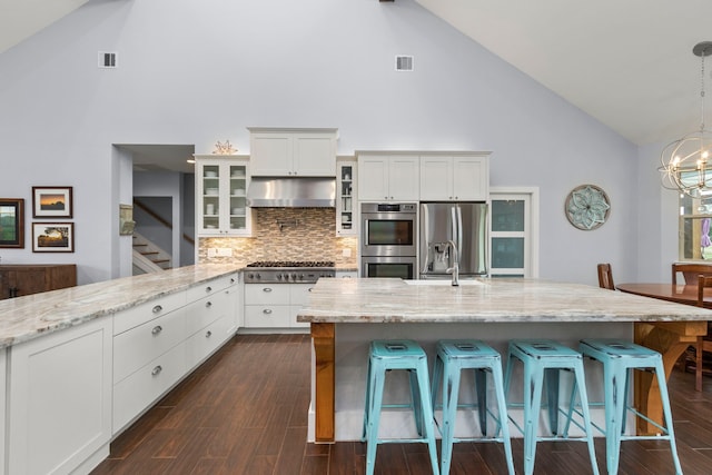 kitchen featuring appliances with stainless steel finishes, high vaulted ceiling, extractor fan, and hanging light fixtures