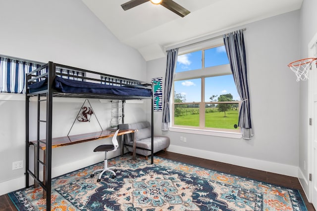 bedroom featuring vaulted ceiling, ceiling fan, and dark wood-type flooring