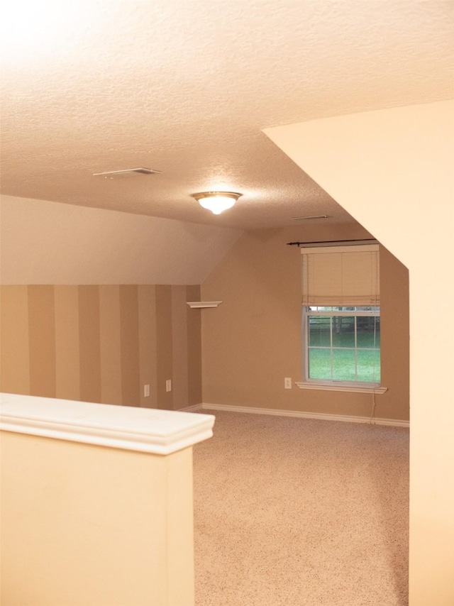 additional living space with a textured ceiling, carpet floors, and vaulted ceiling