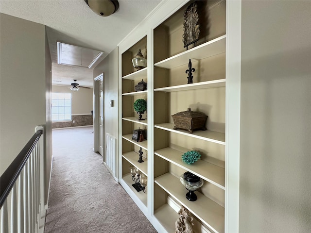 hall with carpet, built in shelves, and a textured ceiling