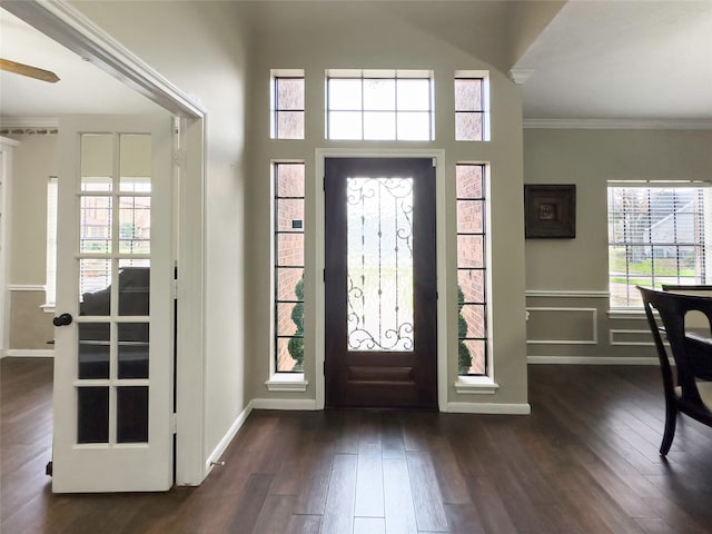 entryway with crown molding, a wealth of natural light, and dark wood-type flooring