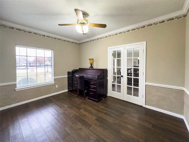 office area with crown molding, french doors, ceiling fan, and dark hardwood / wood-style flooring