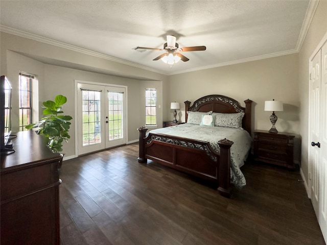 bedroom with french doors, ornamental molding, dark hardwood / wood-style floors, access to exterior, and ceiling fan