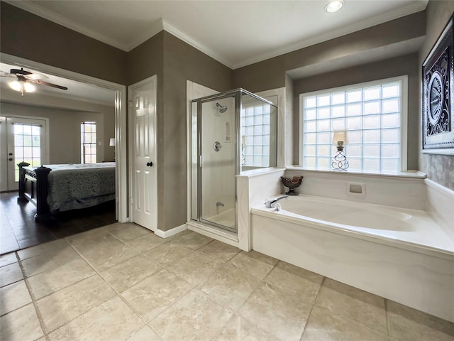 bathroom with tile floors, ceiling fan, crown molding, and separate shower and tub