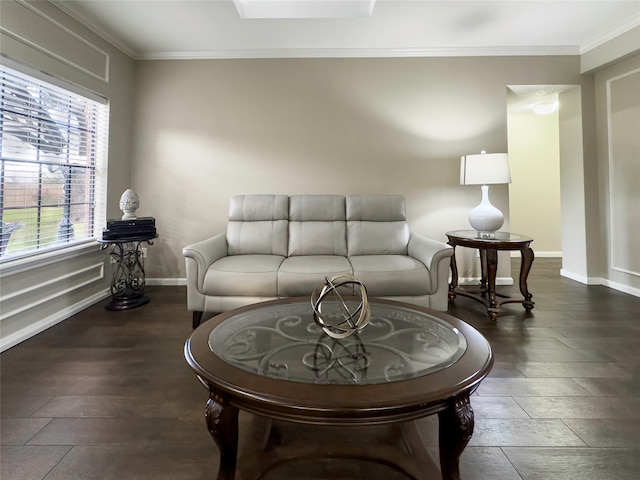 living room with ornamental molding and dark wood-type flooring