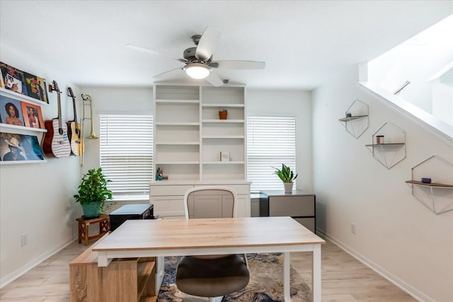 home office featuring ceiling fan and light hardwood / wood-style floors