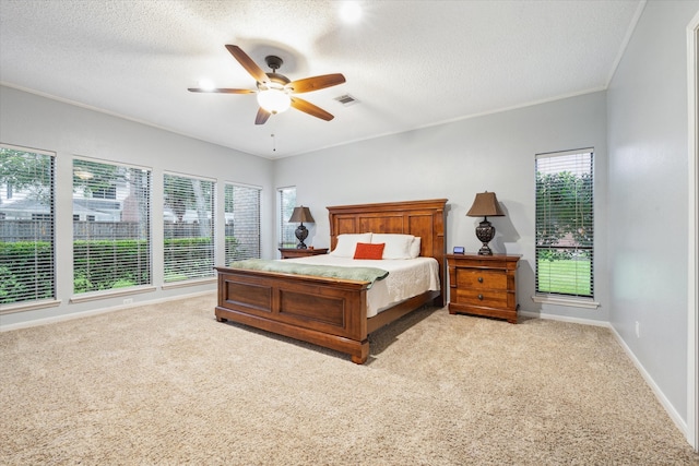 bedroom featuring ceiling fan, multiple windows, a textured ceiling, and light carpet