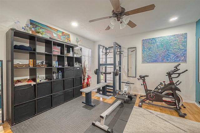 exercise area with hardwood / wood-style flooring and ceiling fan