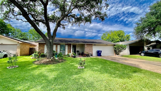 ranch-style home with a front yard and a garage