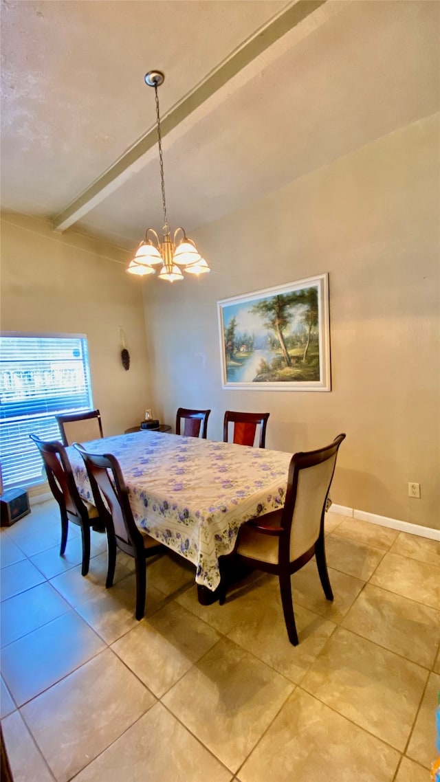 dining space featuring vaulted ceiling with beams, a chandelier, and light tile floors