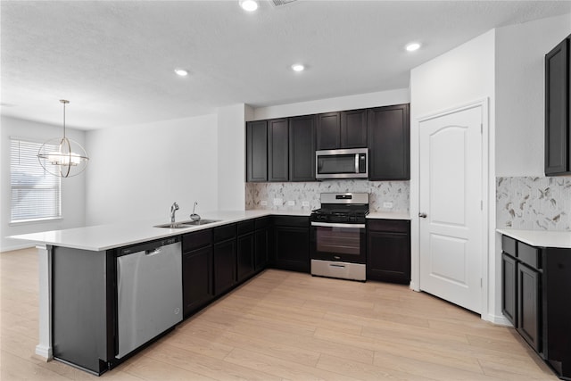 kitchen featuring stainless steel appliances, kitchen peninsula, hanging light fixtures, a notable chandelier, and sink