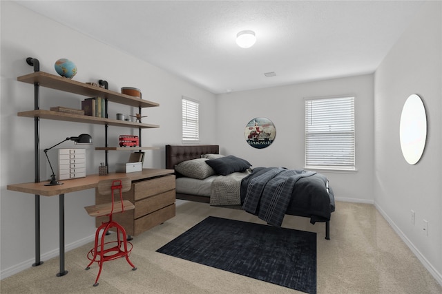 bedroom featuring multiple windows and light carpet