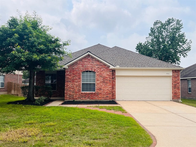 ranch-style home with a garage and a front yard