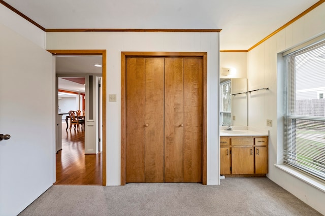 unfurnished bedroom featuring light carpet, ornamental molding, a closet, and multiple windows