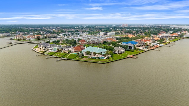 aerial view featuring a residential view and a water view