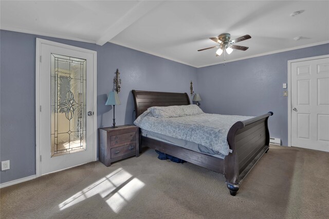 bedroom featuring beamed ceiling, carpet flooring, ceiling fan, and baseboard heating