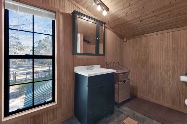 bathroom featuring wooden walls, lofted ceiling, and vanity