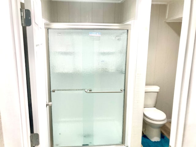 bathroom with an enclosed shower and toilet