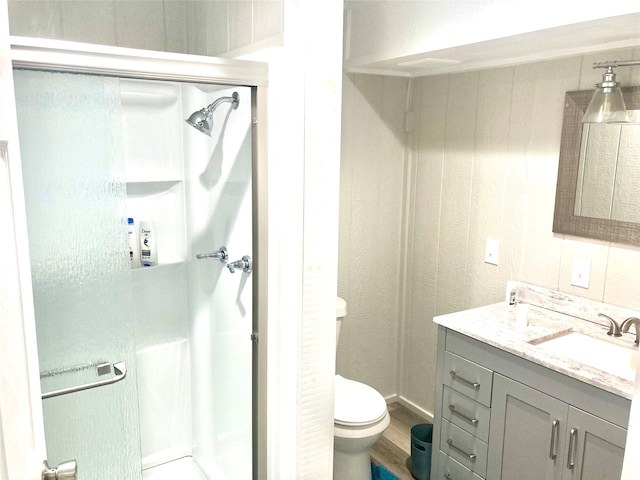 bathroom featuring a shower with shower door, vanity, and toilet