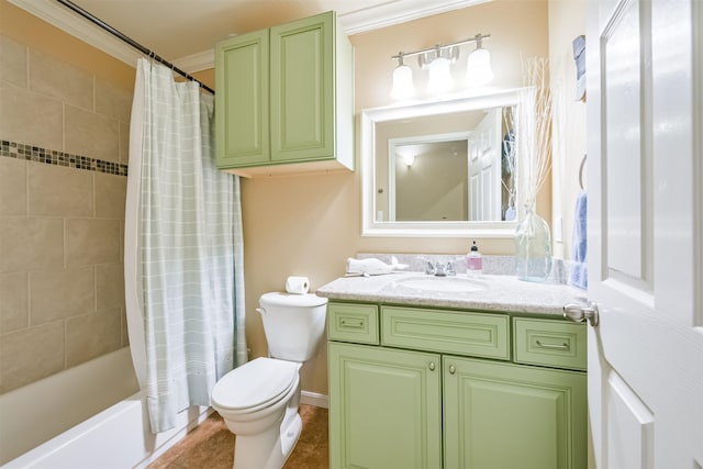 full bathroom with toilet, tile patterned flooring, shower / tub combo with curtain, crown molding, and vanity