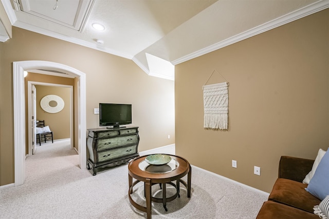 living area with lofted ceiling, ornamental molding, and light carpet