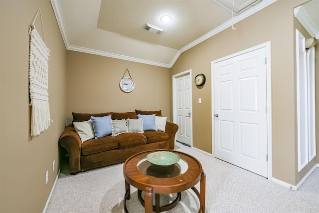 carpeted living room with ornamental molding and lofted ceiling