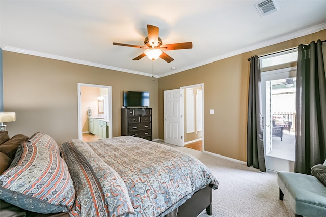 bedroom with ceiling fan, crown molding, light carpet, and connected bathroom