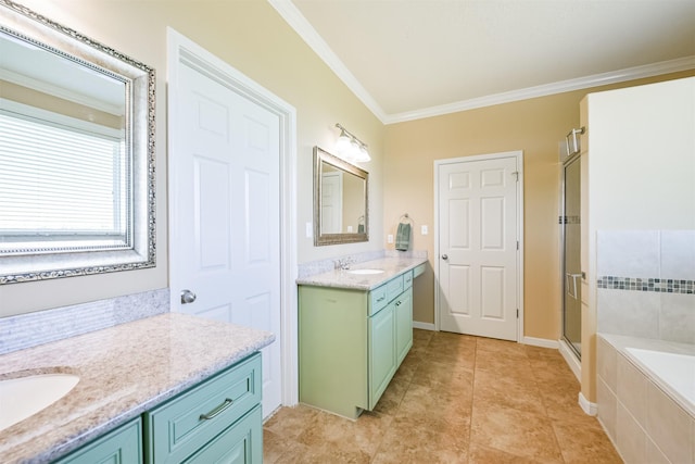 bathroom with vanity, tile patterned flooring, ornamental molding, and independent shower and bath