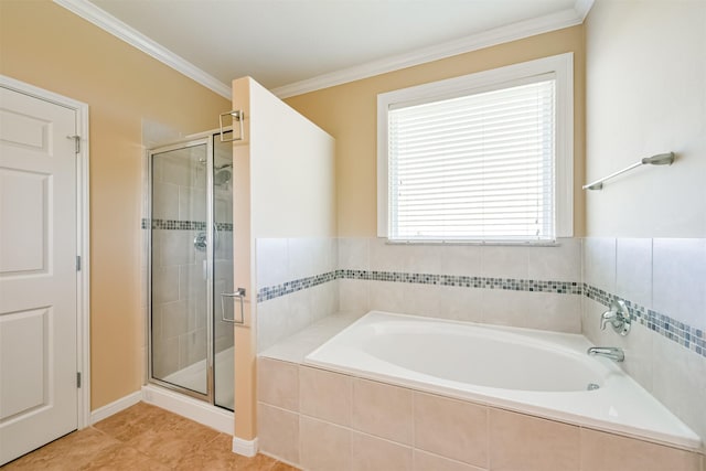 bathroom with crown molding, plus walk in shower, and tile patterned floors