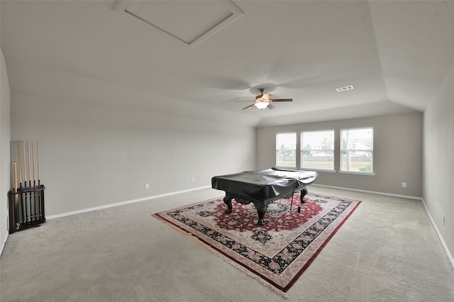 playroom with lofted ceiling, carpet floors, ceiling fan, and pool table