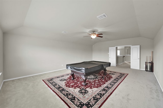 playroom with lofted ceiling, carpet, and billiards