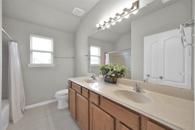 full bathroom featuring tile floors, shower / bath combination with curtain, lofted ceiling, and plenty of natural light