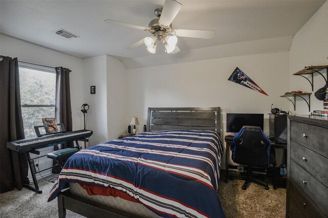 bedroom with ceiling fan, carpet, and visible vents