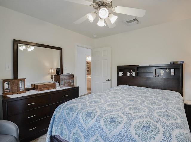 bedroom featuring visible vents and ceiling fan