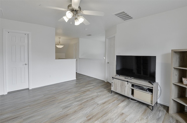 unfurnished living room featuring ceiling fan, visible vents, and light wood finished floors