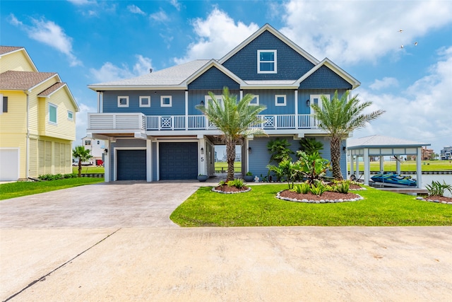 view of front of property featuring a front yard, a garage, and covered porch