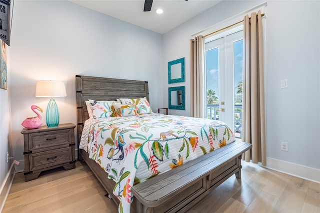 bedroom featuring light wood-style floors, access to outside, ceiling fan, and baseboards