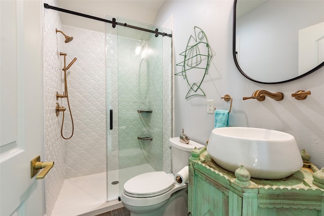 bathroom featuring an enclosed shower, vanity, and toilet