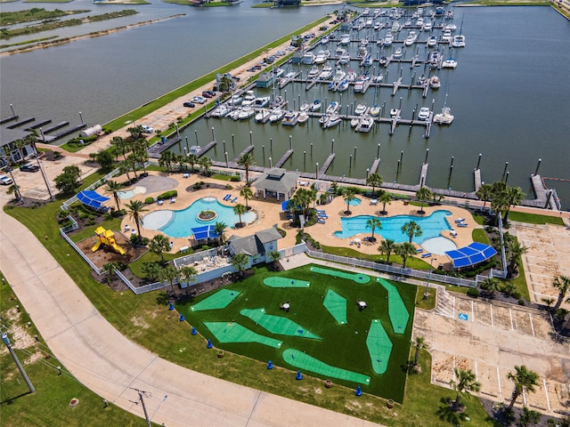 drone / aerial view with a water view