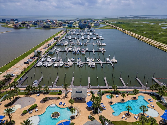 aerial view featuring a water view