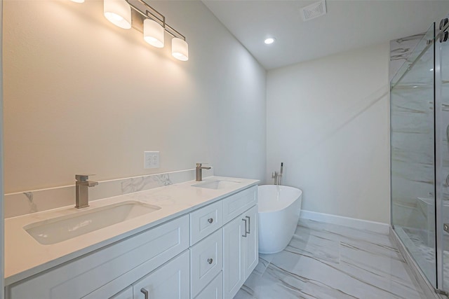 4748 Mallow St, Houston, TX 77033 - bathroom with a marble finish shower, visible vents, a sink, and marble finish floor