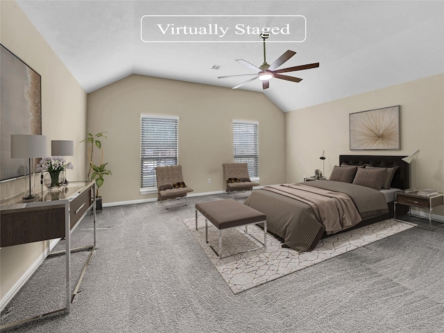 bedroom featuring carpet, ceiling fan, and lofted ceiling