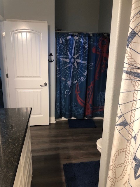 bathroom featuring wood-type flooring, vanity, and toilet