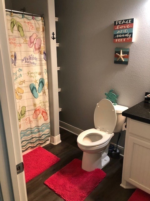 bathroom with hardwood / wood-style flooring, vanity, and toilet