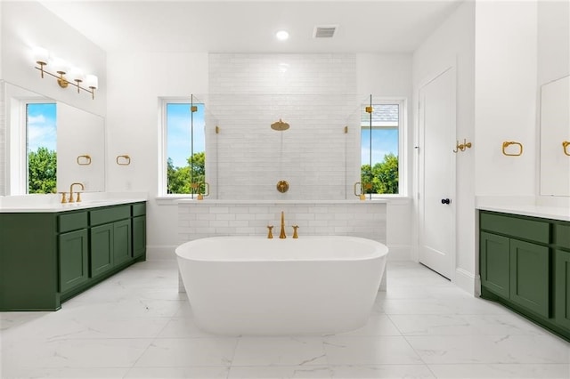 bathroom featuring vanity, plus walk in shower, and tile walls