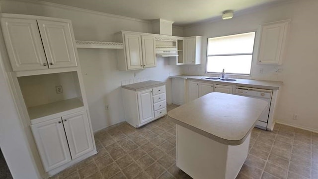 kitchen featuring a kitchen island, dishwasher, sink, and white cabinetry