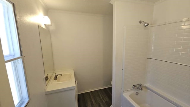 full bathroom with crown molding, wood-type flooring, vanity, and toilet